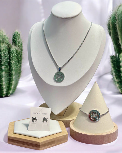 Set Coquí Taíno Redondo Plateado (Collar, Pulsera y Aretes)