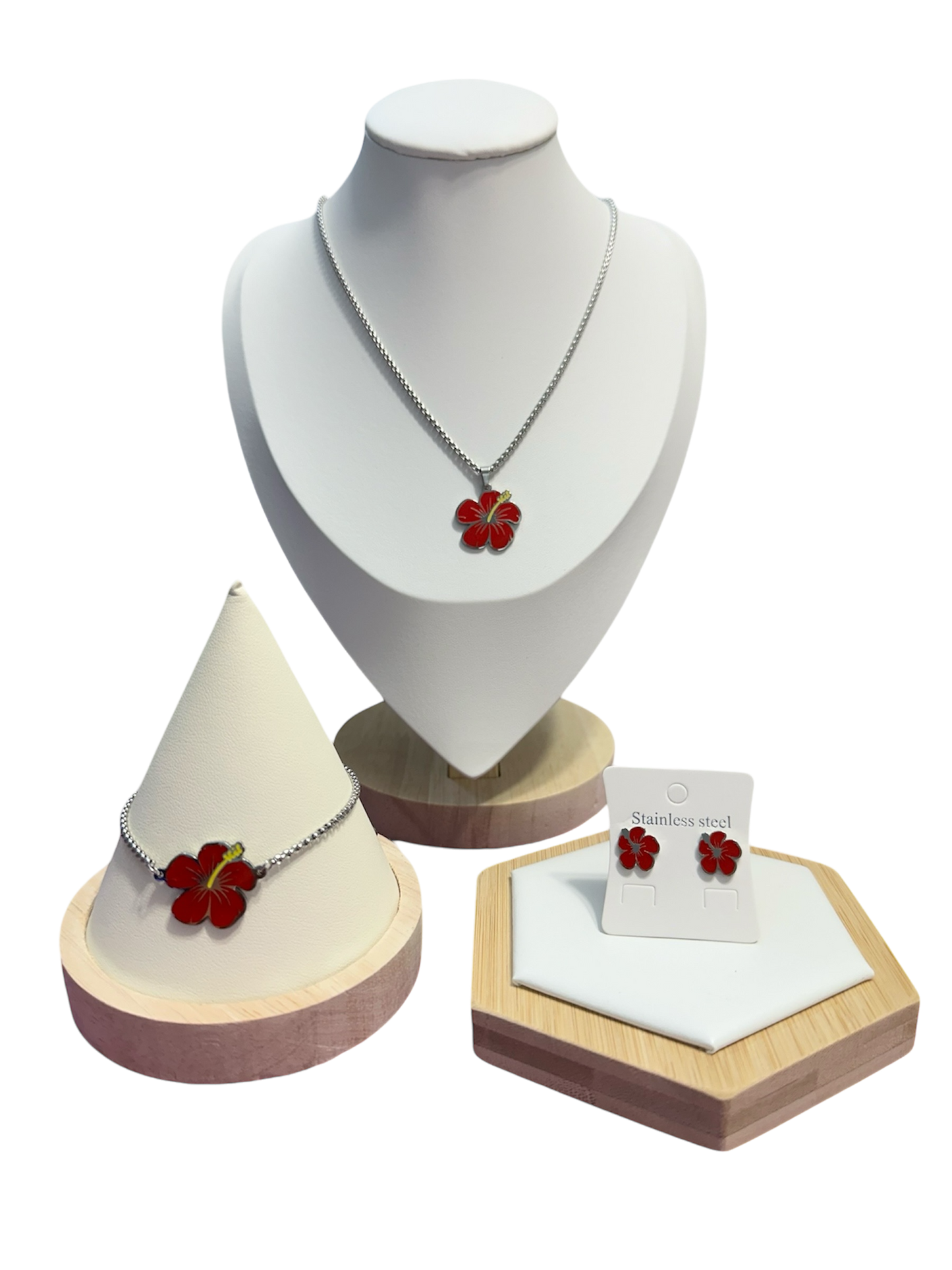 Set Flor de Maga Roja en Dorado (Collar, Pulsera y Aretes)
