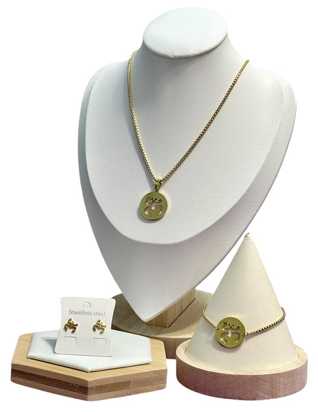 Set Coquí Taíno Redondo Dorado (Collar, Pulsera y Aretes)