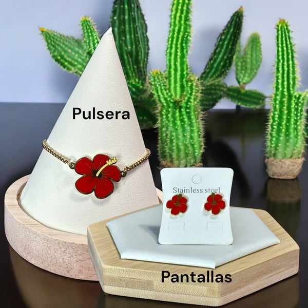 Set Flor de Maga Roja en Dorado (Aretes y Pulsera)