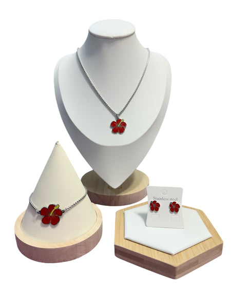 Set Flor de Maga Rojo en Plateado (Collar, Pulsera y Aretes)
