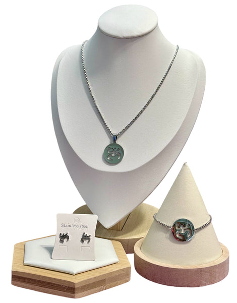 Set Coquí Taíno Redondo Plateado (Collar, Pulsera y Aretes)