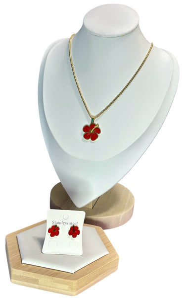 Set Flor de Maga Roja en Dorado (Collar y Aretes)
