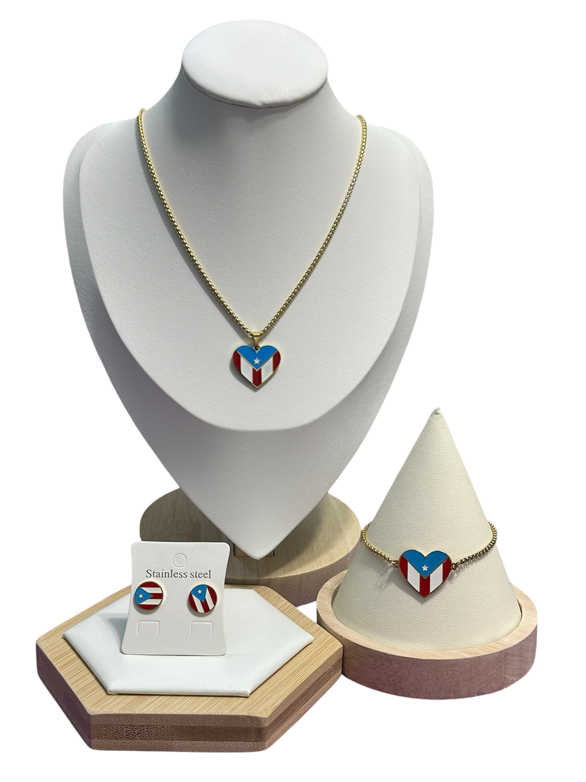 Set Bandera Corazón de PR Colores en Dorado (Collar, Pulseras y Aretes)