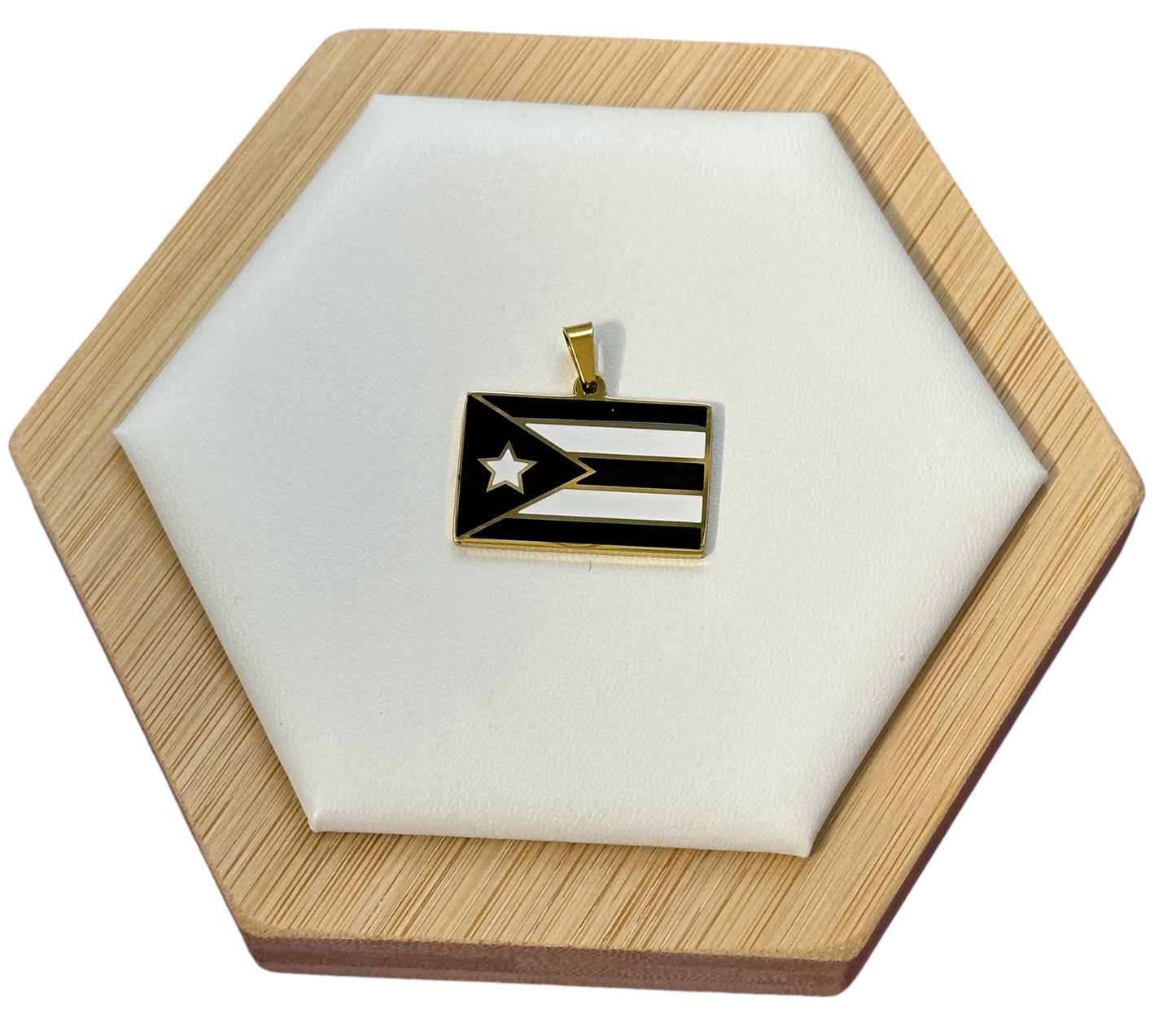 Bandera de P.R. Rectagular Negra/Blanca en Dorada