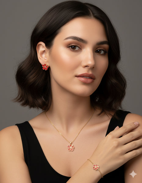 Set Flor de Maga Roja en Dorado (Collar, Pulsera y Aretes)