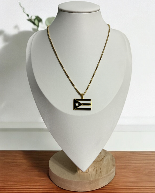 Bandera de P.R. Rectagular Negra/Blanca en Dorada