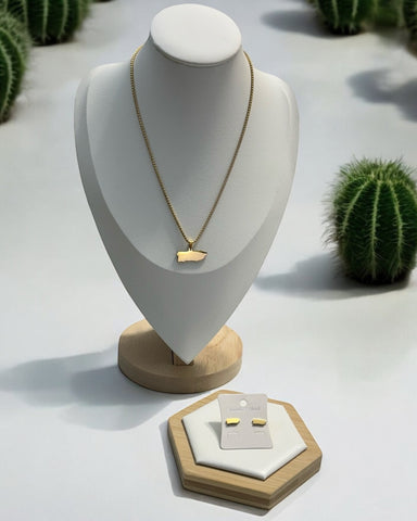 Set Mapa de PR Dorado Flat (Collar y Aretes)