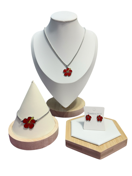 Set Flor de Maga Roja en Dorado (Collar, Pulsera y Aretes)