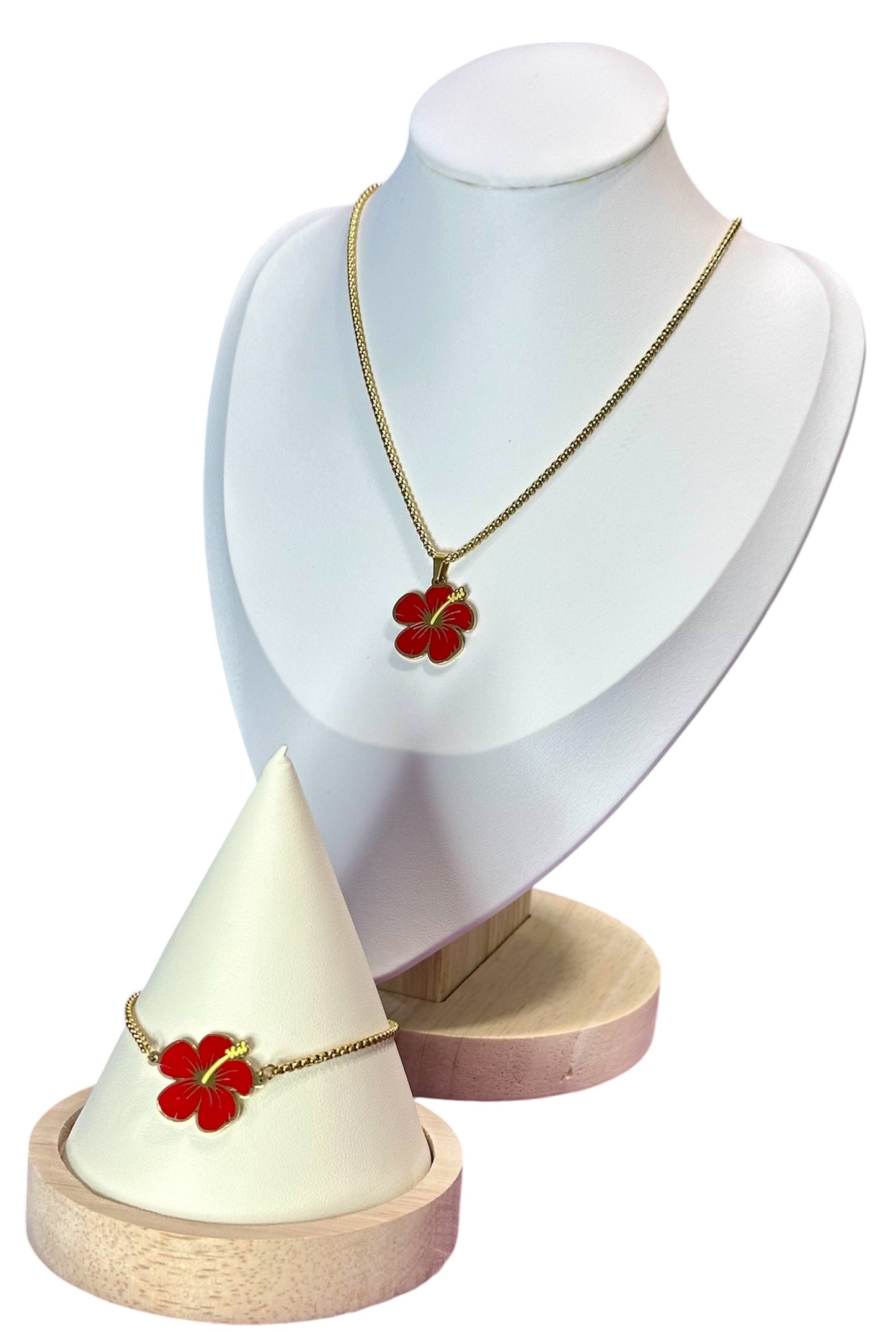 Set Flor de Maga Roja en Dorado (Collar y Pulsera)