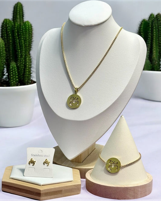 Set Coquí Taíno Redondo Dorado (Collar, Pulsera y Aretes)
