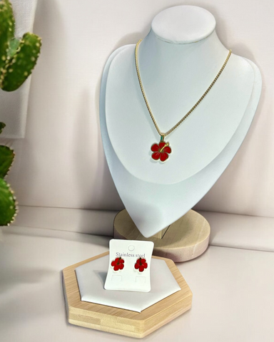 Set Flor de Maga Roja en Dorado (Collar y Aretes)