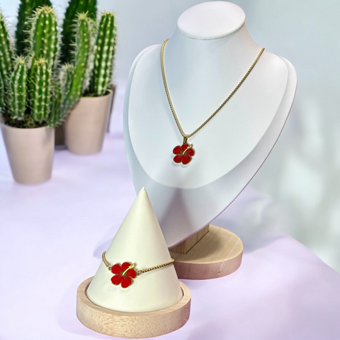 Set Flor de Maga Roja en Dorado (Collar y Aretes)