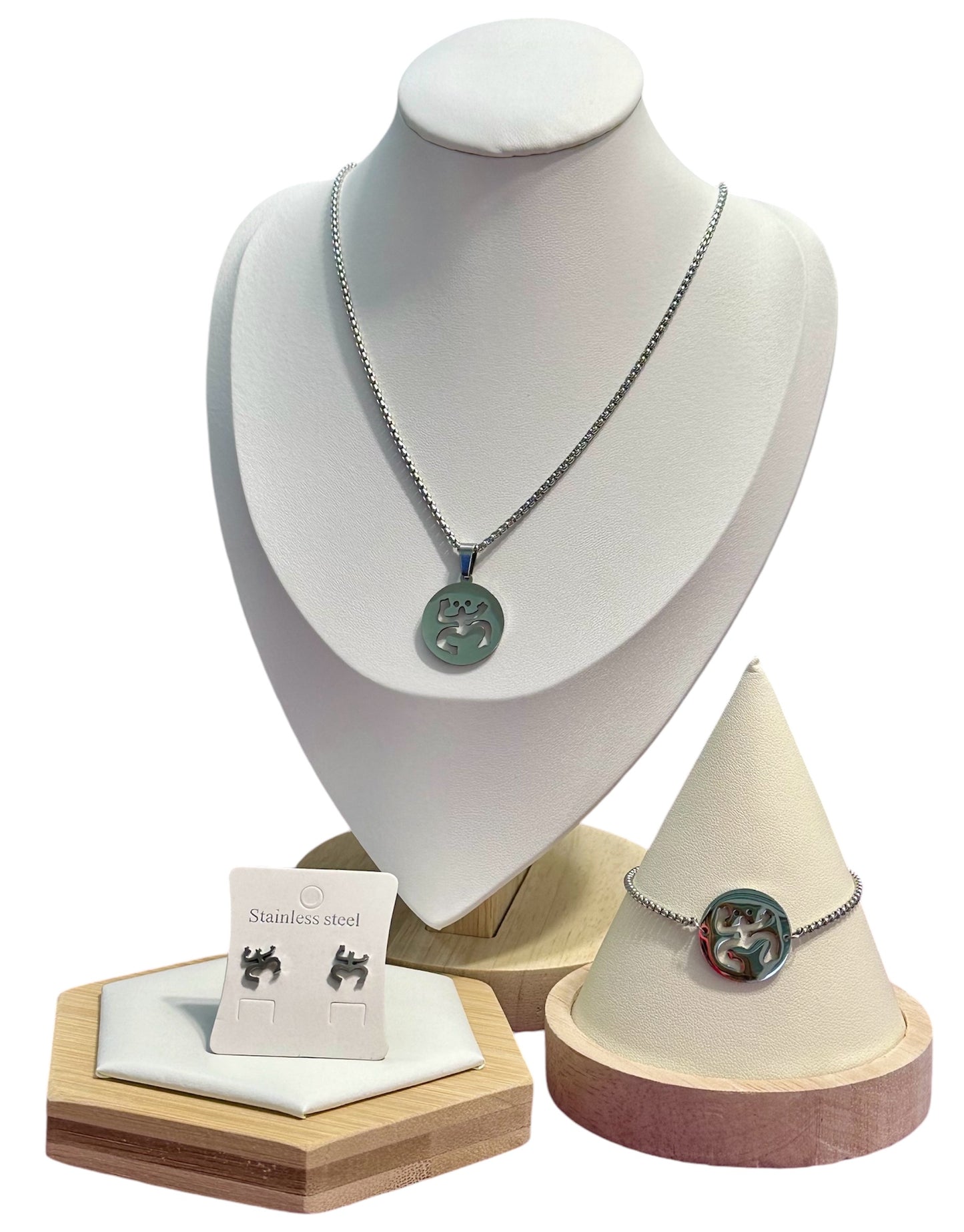 Set Coquí Taíno Redondo Plateado (Collar, Pulsera y Aretes)