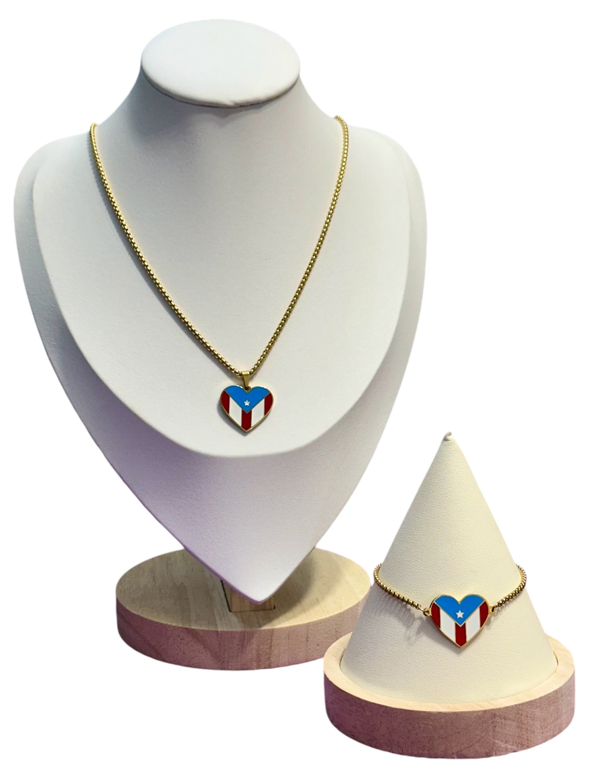 Set Bandera Corazón de PR Colores en Dorado (Collar y Pulsera)