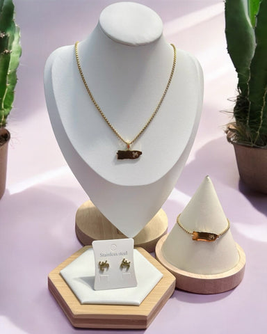 Set Mapa de PR con Coquí Taíno Dorado (Collar, Pulsera y Aretes)