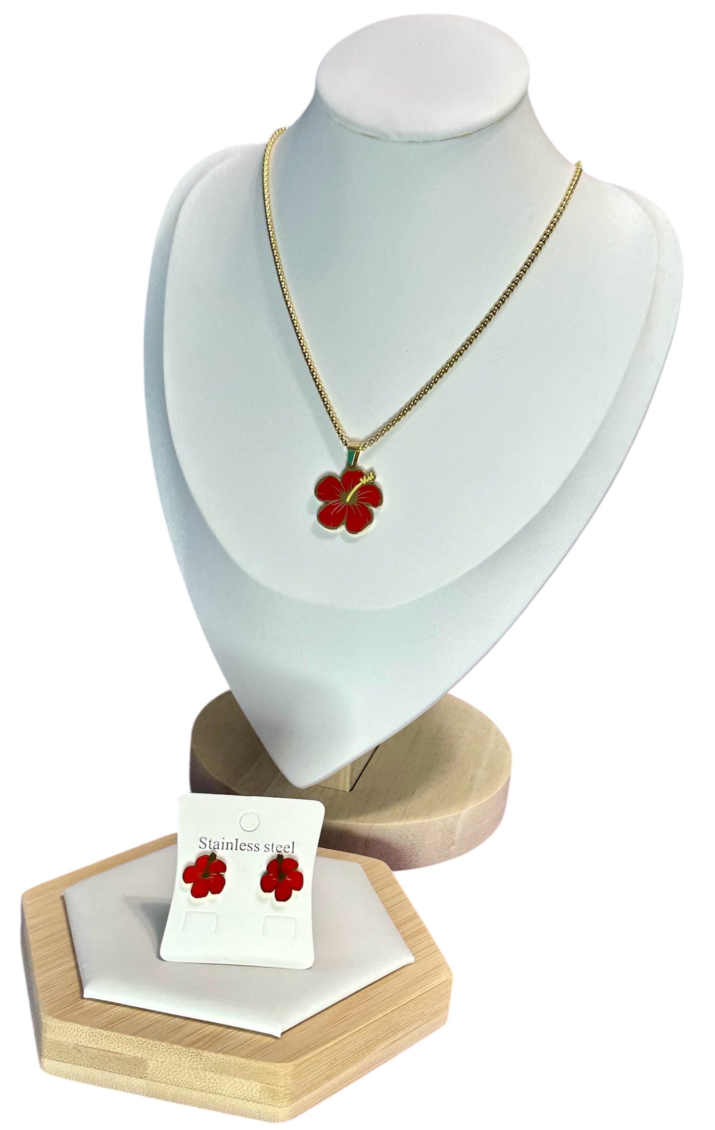 Set Flor de Maga Roja en Dorado (Collar y Aretes)