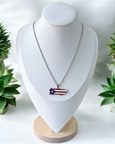 Collar Mapa de Puerto Rico Grande en Plateado